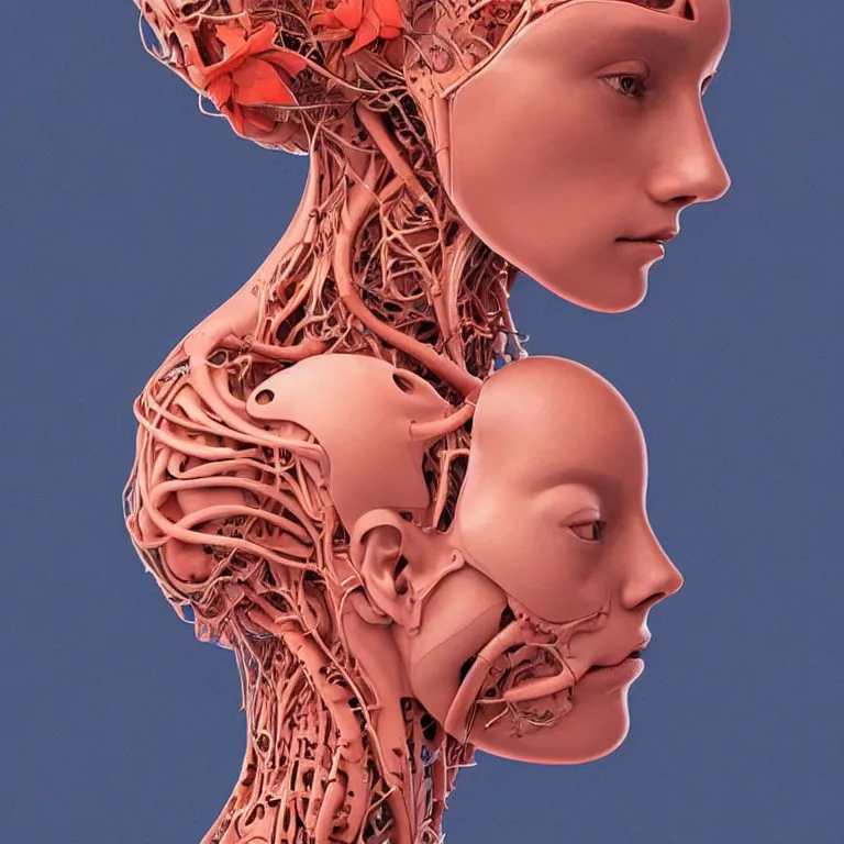 Image similar to portrait of beautiful!! symmetrical!! woman head with coral!! reef hair. torso, lungs, plates, biomechanical android. soft light painted by james jean and moebius!!! and erik jones, inspired by mary jane ansell, smooth face feature, intricate oil painting, high detail 3 d render, sharp high detail