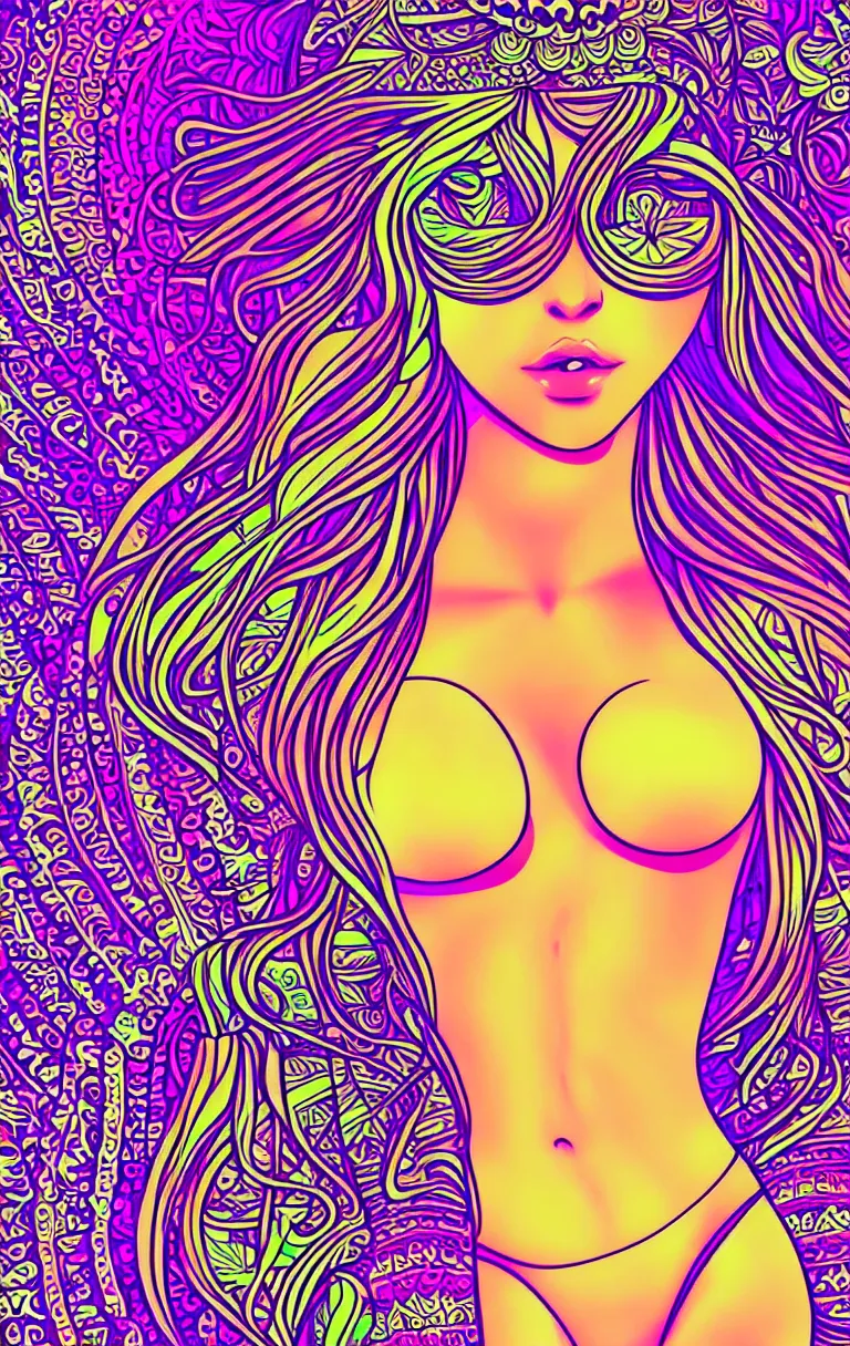Image similar to beautiful hippie girl illustration, closeup in bikini over psychedelic sacred geometry hallucination