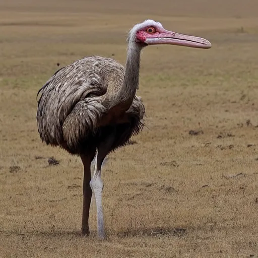 Image similar to ostrich with the head of a velociraptor, highly detailed photo