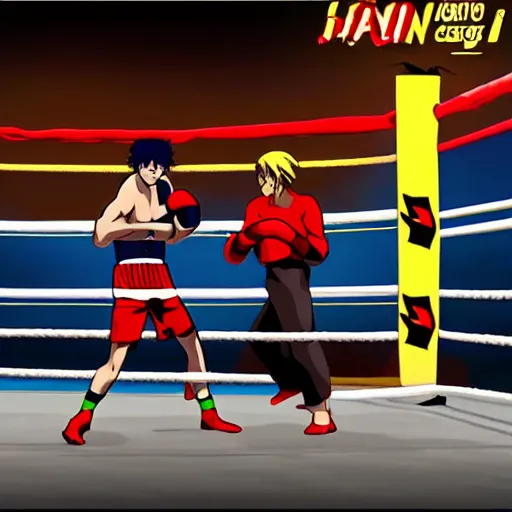 Image similar to hajime no ipo box fight, boxing in ring, 1v1 fight center stage, style of Hajime no Ipo, animated, high quality animation, HD