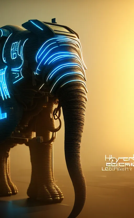 Prompt: hyper realistic and higly detailed photo of a cyberpunk mech elephant. full elephant is seen. intricate, wiring, electronic components, color diodes. volumetric light. professional digital art, lotr style, extremly detailed, trending on artstation, stuning, octane render, unreal engine 5, 8 k rendering.
