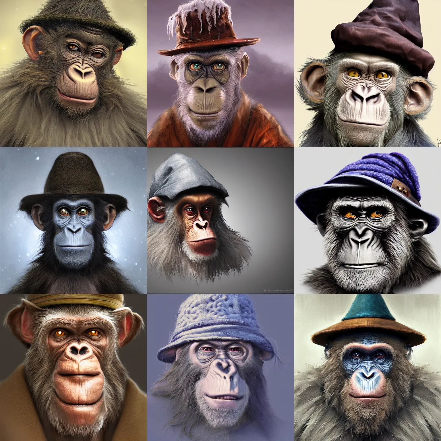 Image similar to a wlop 3 d render of very very very very highly detailed beautiful mystic portrait of a horror ape mage with stylish hat and frosty background by anton pieck, intricate, extremely detailed, micro detail, digital painting, artstation, concept art, smooth, sharp focus, illustration, intimidating lighting, incredible art,