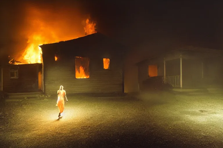 Image similar to Gregory Crewdson full color Photography, A woman walks calmly while her house is on fire, atmospheric lighting , at night