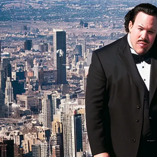 Image similar to clean-shaven Jon Favreau as Happy Hogan wearing a black suit and black necktie holding onto a bunch of helium balloons as he floats high above a city, top-down view