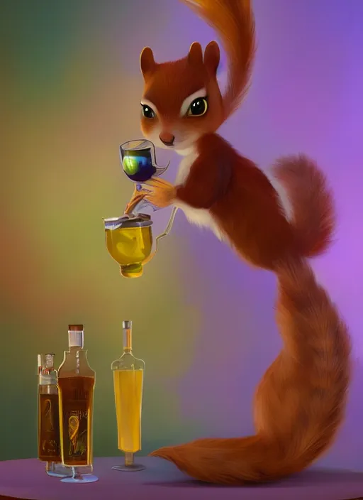 Prompt: female squirrel anthro as a dapper bartender with a big, fluffy tail, retro futurism, art deco, detailed, painterly digital art by WLOP and Cory Loftis and Delphin Enjolras, 🐿🍸🍋, furaffinity, trending on artstation