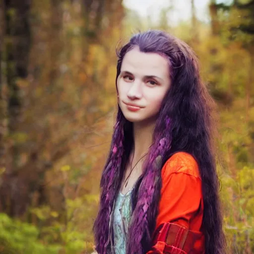 Prompt: a girl with long dark hair and colorful clothing in the wilderness hd photography