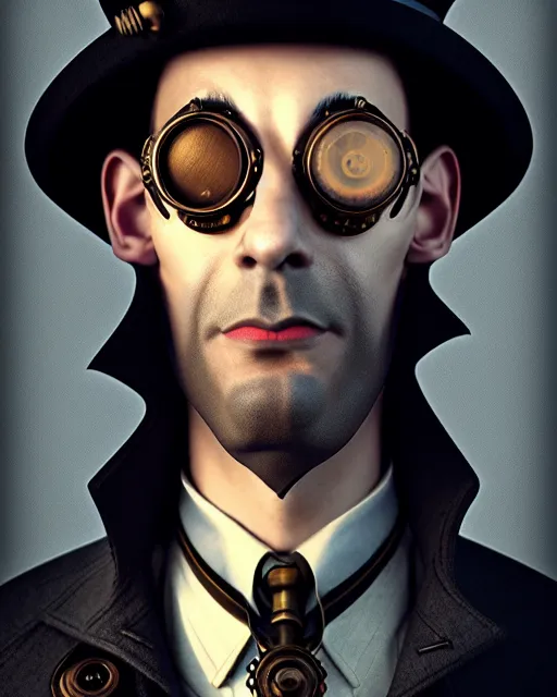 Prompt: steampunk male portrait, handsome man wearing detective coat, steampunk monocle, complex 3 d render by ilya kuvshinov, peter mohrbacher, greg rutkowski, ryohei hase, dramatic lighting, intricate, highly detailed, sharp focus, luminous, unreal engine, blender, artgems, masterpiece, ray tracing