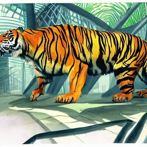 Image similar to a hybrid animal that is half tiger and half crocodile in a futuristic city scape on the edge of the jungle, rule of thirds, painting style of hugo pratt