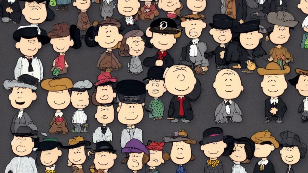 Image similar to peanuts heads dressed like the peaky blinders