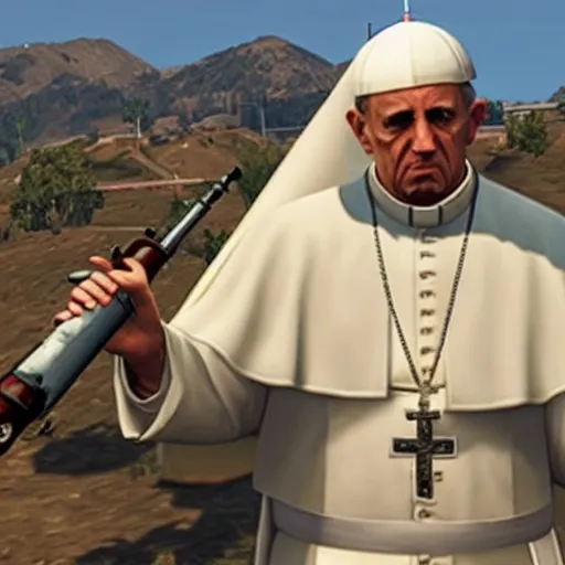 Prompt: the pope shooting a rocket launcher, GTA V style
