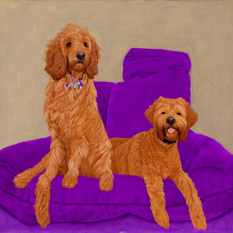 Image similar to a portrait of a royal throne flanked by an orange tabby sitting on a floating purple pillow to the left and a brown goldendoodle sitting on a floating purple pillow to the right, oil on canvas, soft lighting, 8 k