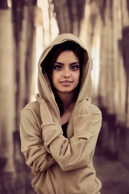 Prompt: short brown hair Arab Spanish shy beautiful young woman in a beige hoodie, Diwani calligrapher using bamboo pen, cinematic lighting, realistic, rule of thirds, photograph