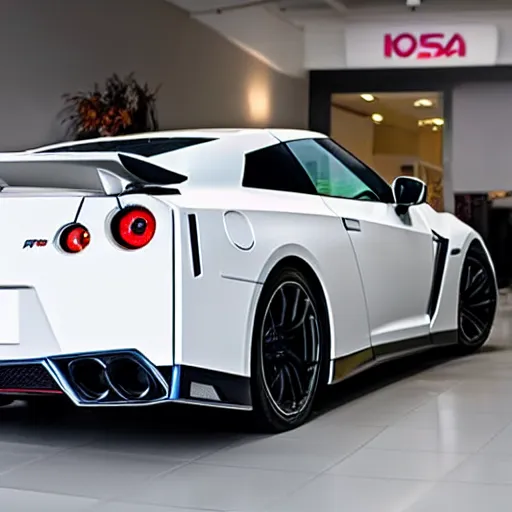 Image similar to 105mm photograph f1.8 full view white Nissan GT-R showroom beautiful lighting from 2022