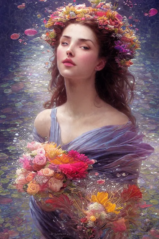 Image similar to portrait of a beautiful mysterious woman holding a bouquet of flowing flowers, hair flowing upwards, small bubbles from her mouth, hands hidden under the bouquet, submerged underwater filled with colorful small fish and coral reef, fantasy, regal, intricate, by stanley artgerm lau, greg rutkowski, thomas kindkade, alphonse mucha, loish, norman rockwell