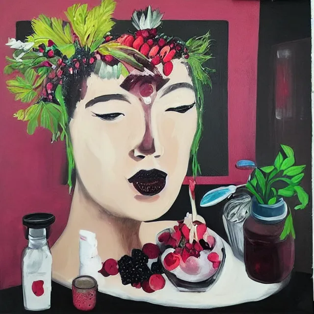 Image similar to “ a portrait in a female art student ’ s apartment, sensual, a pig theme, art supplies, paint tubes, ikebana, herbs, a candle dripping white wax, black walls, squashed berries, berry juice drips, acrylic and spray paint and oilstick on canvas, surrealism, neoexpressionism ”