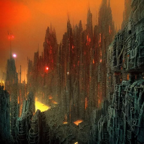 Prompt: futuristic megacity, midnight colors, nightmare horrorcore landscape, acid metal deep colors!, a photograph taken by beksinski gammell giger matte painting unreal engine