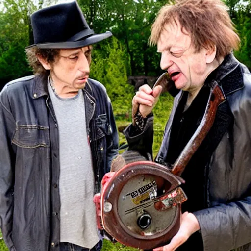 Prompt: bob dylan and mark e smith chainsaw battle