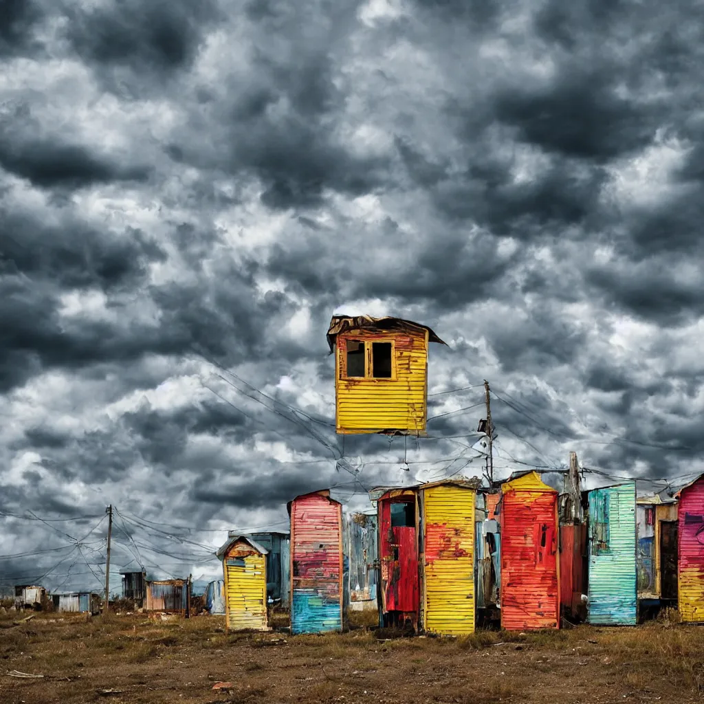 Image similar to close - up towers made up of colourful makeshift squatter shacks, bleached colours, dramatic cloudy sky, dystopia, mamiya, very detailed, ultra sharp, photographed by john chiara