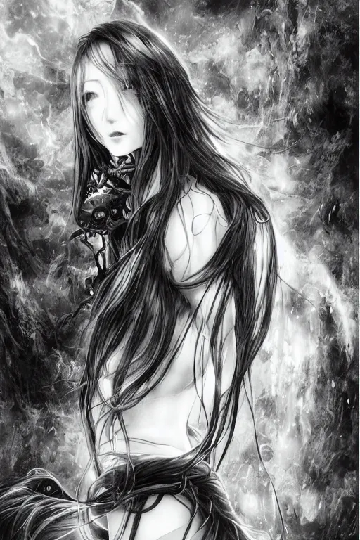 Image similar to a vertical portrait of a character in a scenic environment by Yoshitaka Amano, black and white, dreamy, cybernetic, wavy long black hair, highly detailed