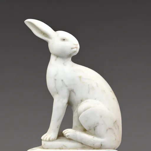 Image similar to white bunny, roman sculpture , white marble, gold inlays