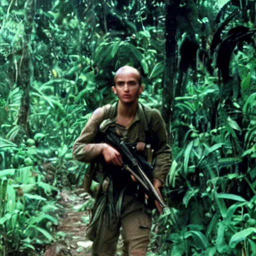 Prompt: film still, close up, portrait, emma watson soldier hiking through dense vietnam jungle, blue hour dawn, associated press, award winning, film still from apocalypse now ( 1 9 7 9 ), 2 6 mm, kodak ektachrome, blue tint ektachrome film,