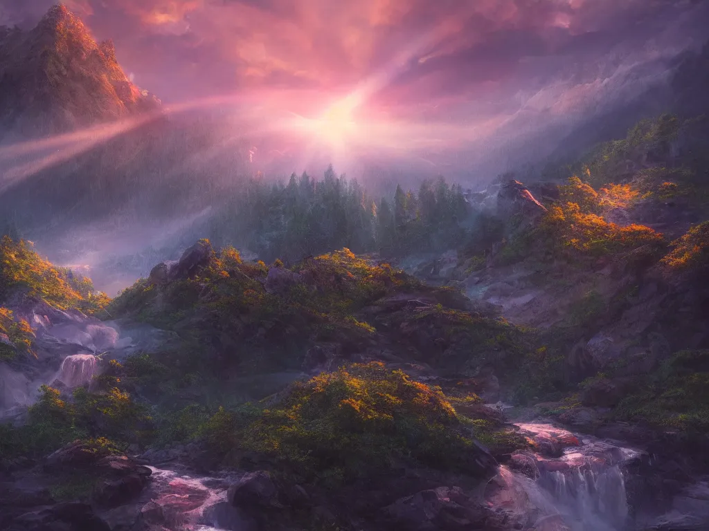 Prompt: mountain in sunset, last light, super detailed misty mood, waterfall cascades, mattepainting, otherworldly, wide angle, very detailed, god rays, artstation, 4k