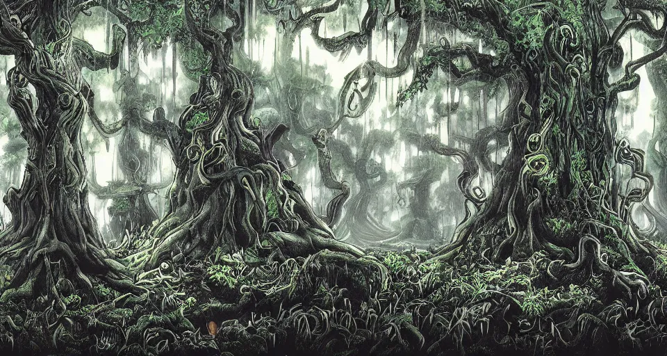 Prompt: A dense and dark enchanted forest with a swamp, from One piece