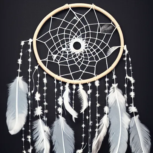 Image similar to a dreamcatcher made out of leaves, studio photography, black background, faint glow, volumetric