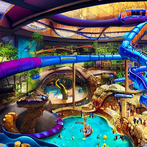 Image similar to cavernous underground waterpark with water slides, digital art, epic composition, highly detailed, cinematic lighting