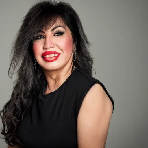 Image similar to dslr photo portrait still of 5 1 year old age 5 1 selena quintanilla at age 5 1!!!, 8 5 mm f 1. 8, studio lighting, vogue