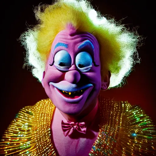 Image similar to uhd candid photo of cosmic krusty the clown, glowing, global illumination, studio lighting, radiant light, detailed, correct face, elaborate intricate costume. photo by annie leibowitz