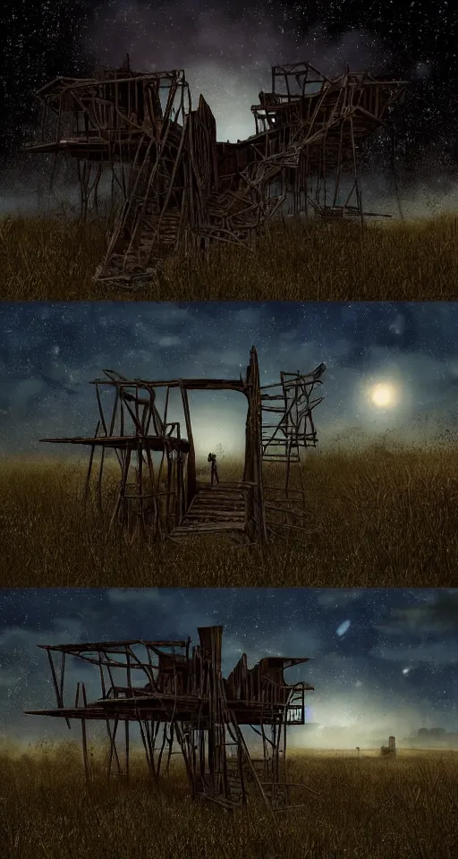 Image similar to close - up, dark deep night, stars shining, tree - house, broken building constructions of a giant staircase for multiple cases, leading to the sky, the ruins, in the steppe, summer field, from the game pathologic 2, highly detailed, sharp focus, matte painting, by isaac levitan and asher brown durand,