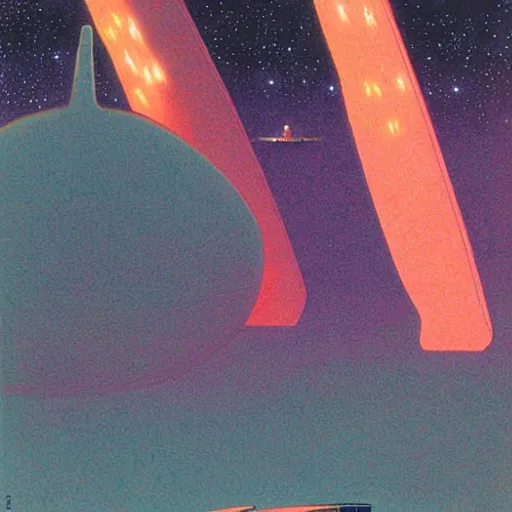 Image similar to a beautiful painting of a large alien shrine shrouded by mystic nebula magic in an asteroid field by hiroshi nagai and vincent di fate and moebius, detailed line art