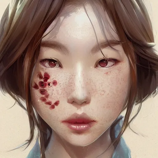 Image similar to a cute fourteen year old japanese girl, evil smile, freckles!!!, fully clothed, highly detailed, digital painting, artstation, concept art, sharp focus, illustration, cinematic lighting, art by artgerm and greg rutkowski and alphonse mucha
