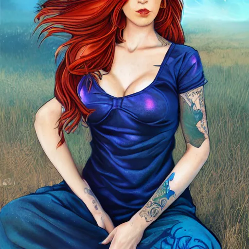 Prompt: a full body portrait of a beautiful tattooed redhead woman sitting, with a gun, a planet in the background. blue tight dress, light iridescent color, long windy hair style, fantasy, realistic, intricate, sharp focus, lens flare, bloom, rim light, illustration, highly detailed, digital painting, concept art, matte, art by ruan jia