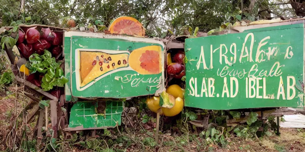 Prompt: an abandoned salad bar from the 6 0 s, the sign features several fruits along with a cornucopia and the words salad bar
