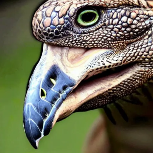 Prompt: hawk and crocodile morphed together, half crocodile, half hawk, real picture taken in zoo, realistic hawk proportions, head of crocodile is seamlessly merged with hawk head, toothy beak,