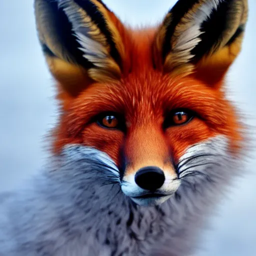 Image similar to woman - fox hybrid, fox ears and fox facial features, furry face, close - up, headshot, detailed, symmetric