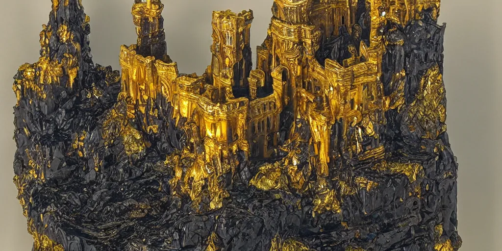 Prompt: ornate obsidian castle on high cliffs with rivers and waterfalls of glowing melted gold. by tom bagshw and by ralph bakshin. power and beauity.