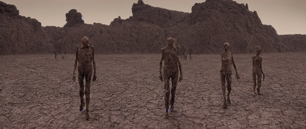 Prompt: Human made of flesh and cadaver walking in the desert, Basalt Canyon Iceland. by Beksinski and Mobius, Photorealistic, 8K