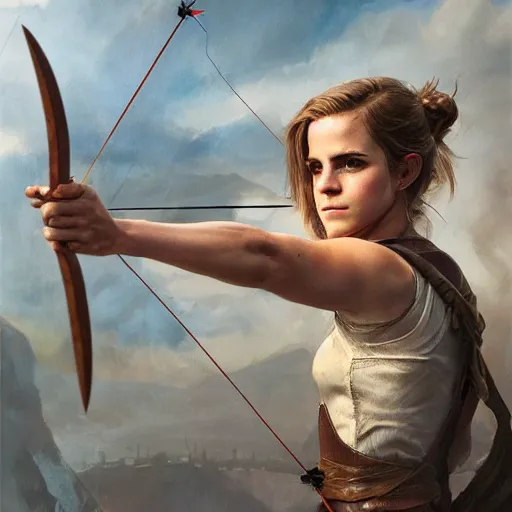 Prompt: portait of a very muscled emma watson archer shooting arrow, front game card, drark, marvel comics, dark, intricate, highly detailed, smooth, artstation, digital illustration by ruan jia and mandy jurgens and artgerm and wayne barlowe and greg rutkowski and zdislav beksinski