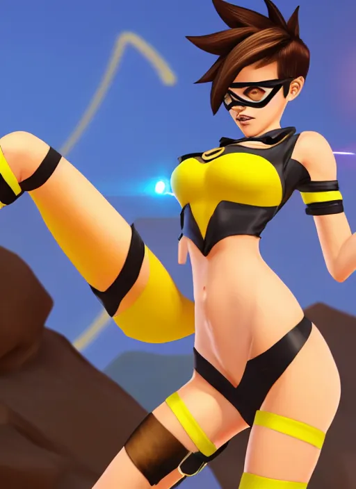 Image similar to tracer game character, in yellow bikini, blonde hair, black eyes, full height