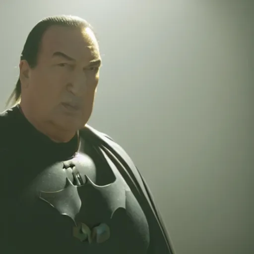 Image similar to from the movie a still of steven seagal as a fat batman, cinematic, studio lighting. god rays through fog. 4 k