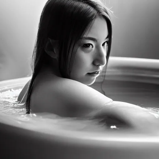 Image similar to photographic portrait by Annie Leibovitz of an anime girl in a hot tub, closeup, foggy, sepia, moody, dream-like, sigma 85mm f/1.4, 15mm, 35mm, 4k, high resolution, 4k, 8k, hd, full color