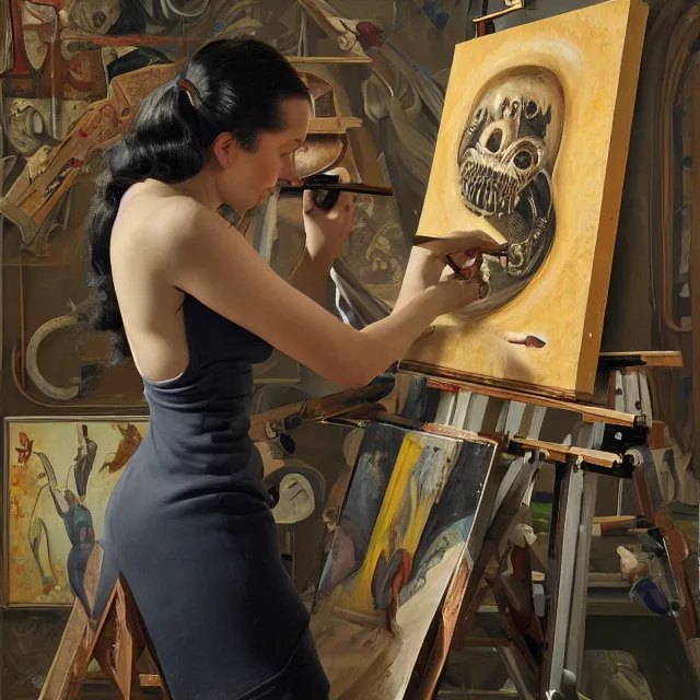 Image similar to biomechanoid artist painting a self - portrait on a canvas. intricate, highly detailed, digital matte painting in the style of gil elvgren and in the style of h. r. giger. irony, recursion, inspiration.