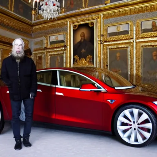 Image similar to Ivan the Terrible in his palace in Moscow testing new Tesla 3, wide angle, high detail, width 768