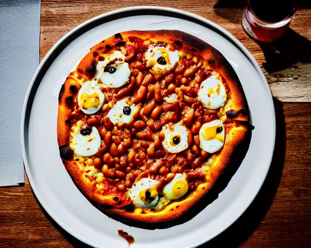 Image similar to dslr food photograph of a mouthwatering pizza with baked beans and egg on, 8 5 mm f 1. 4