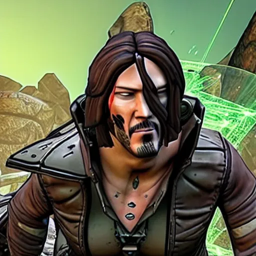 Image similar to Screenshot from new Borderlands Matrix crossover DLC featuring Keanu Reeves as Neo, 8k photorealistic