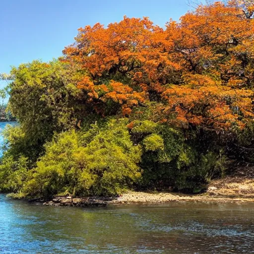 Image similar to a serene landscape of an island with tangerine trees, beside a river