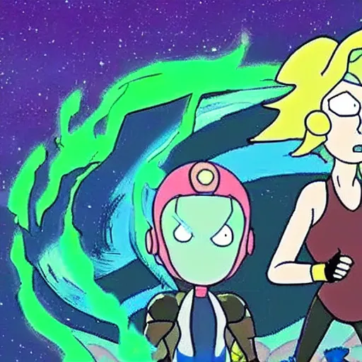 Prompt: a still of samus aran in rick and morty